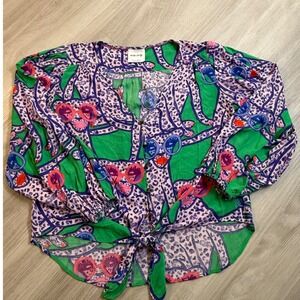 Anthropologie Kendra Dandy Leopard Sunglasses Tie Front Blouse Green Purple W 8